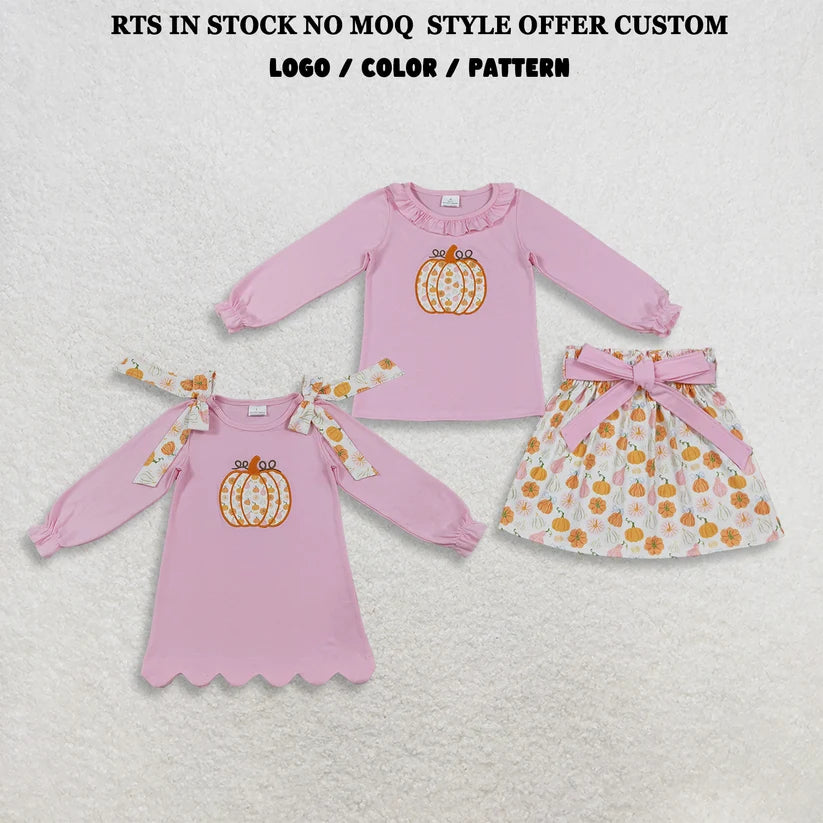 Embroidery Floral pumpkin long sleeve top matching skirt girls outfit
