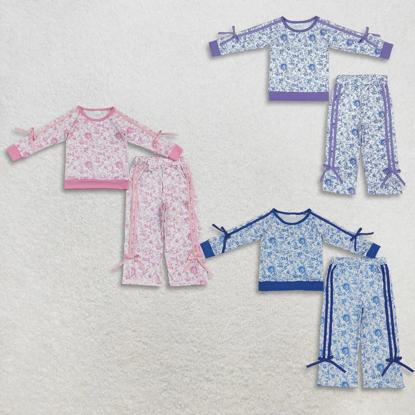 Blue flowers print long sleeve top matching pants girls fall outfit