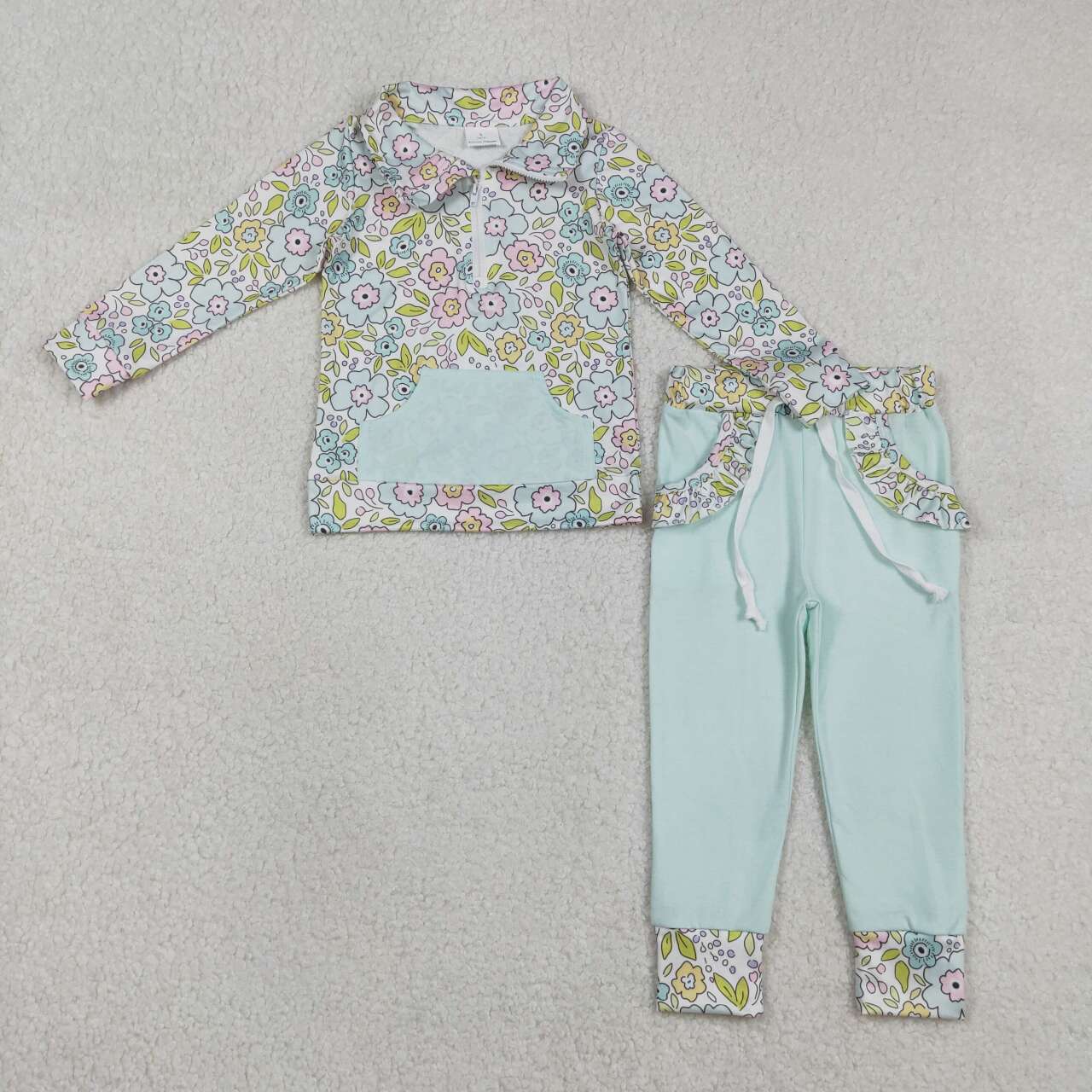 Pink blue floral design kids girls long sleeve outfit