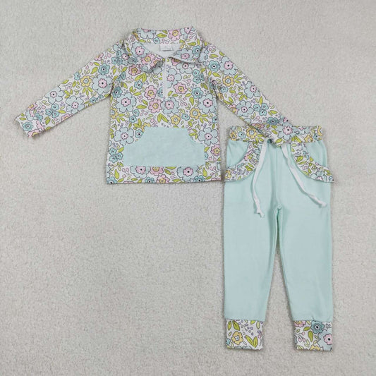 Pink blue floral design kids girls long sleeve outfit