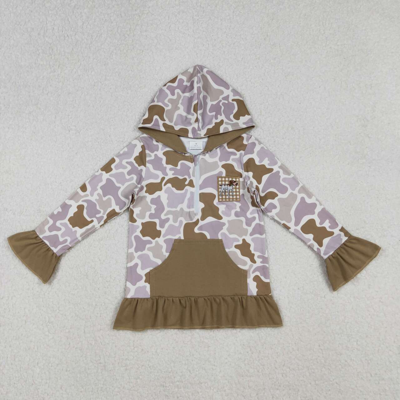 Baby girl grey camo dog duck embroidery design long sleeve hoodie top