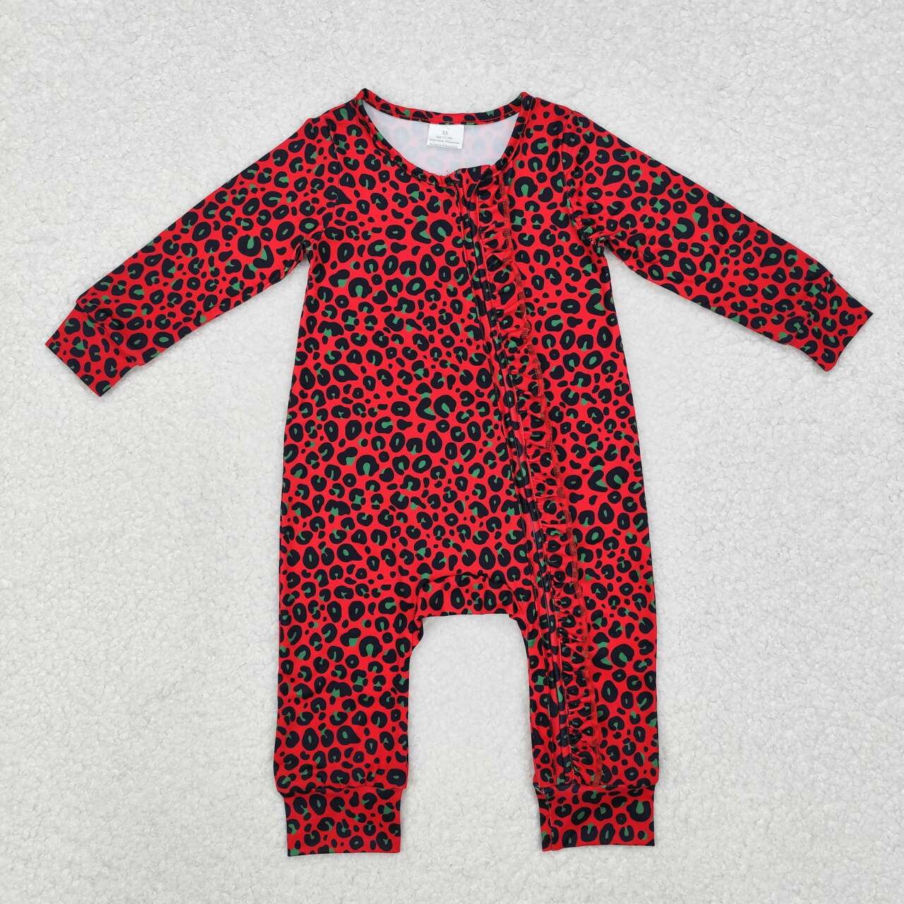 Toddle baby girls Christmas green red cheetah long sleeve zip romper