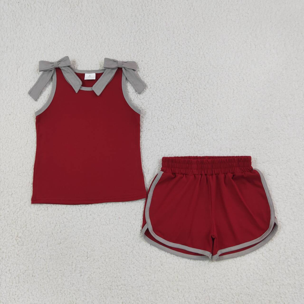 Maroon grey bow top matching shorts girls summer outfit