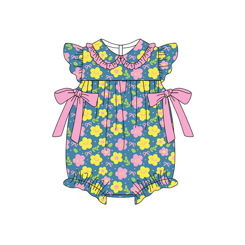 Flowers design kids short sleeve bow romper