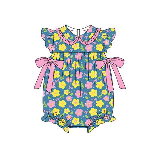 Flowers design kids short sleeve bow romper