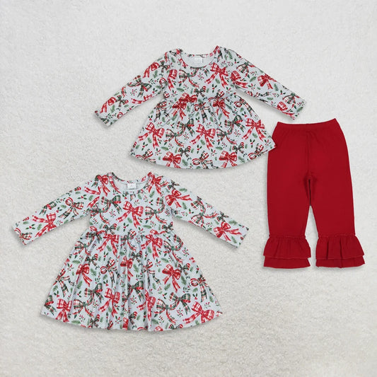 Long sleeve Christmas red green bow top matching pants girl wholesale factory price outfit