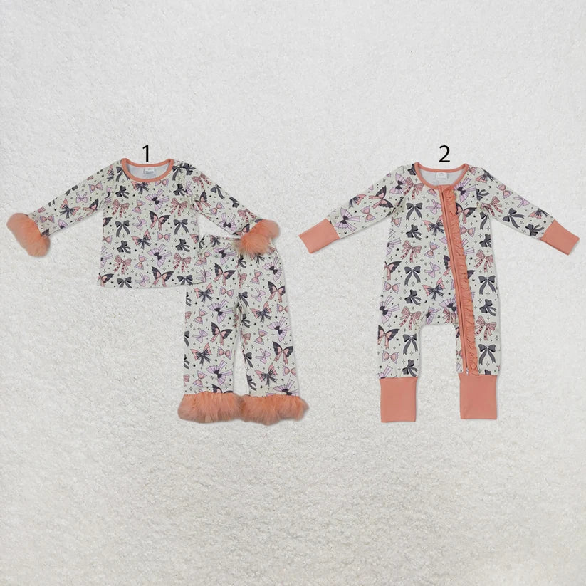 Halloween bow print girls long sleeve pajama set
