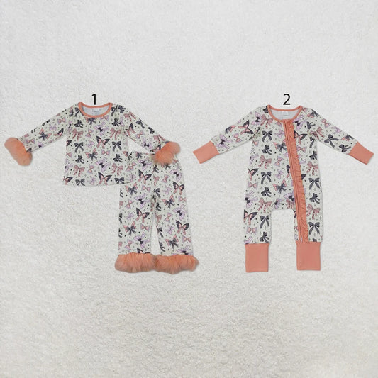 Halloween bow print girls long sleeve pajama set