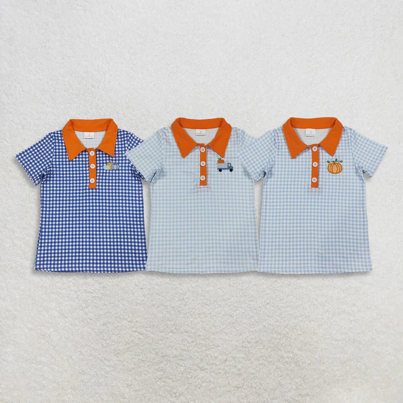 Embroidery Pumpkin truck print boys short sleeve pullover shirt