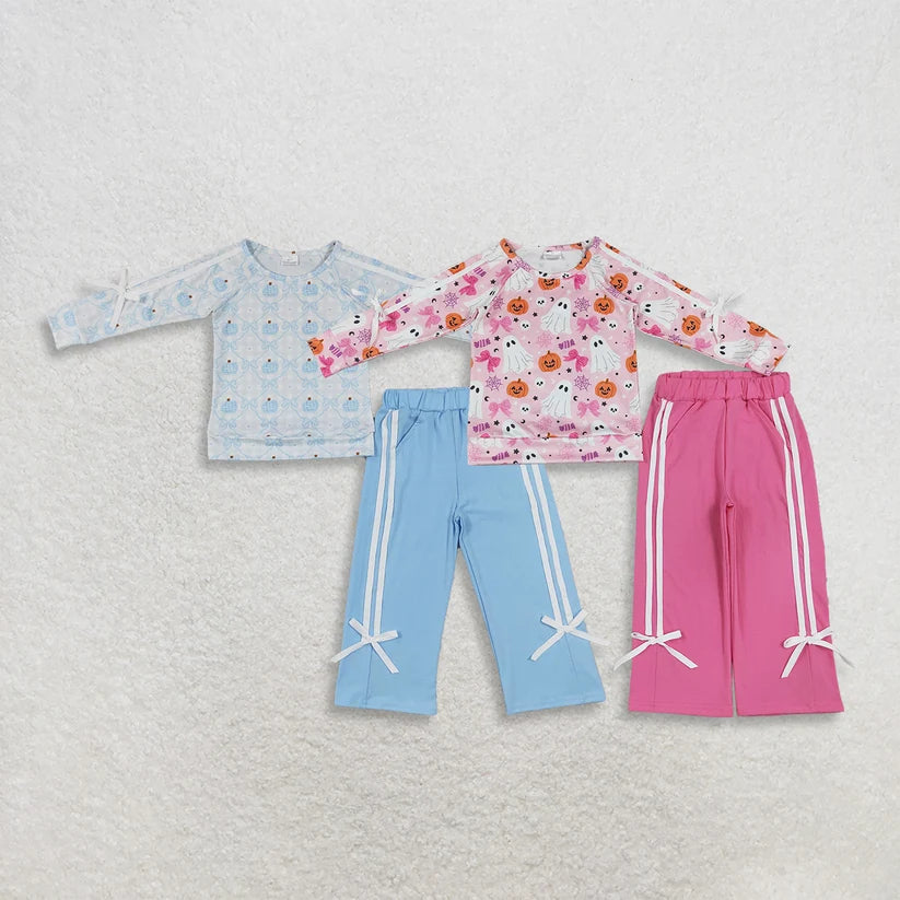 Blue bow Pumpkins long sleeve top matching pants girls fall outfit