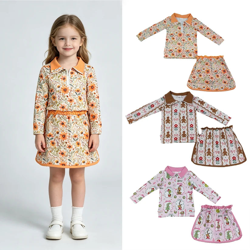 Orange flowers long sleeve pullover top matching skorts girls outfit