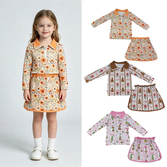 Orange flowers long sleeve pullover top matching skorts girls outfit