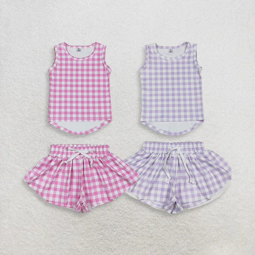 Lavender plaid top matching shorts girl summer yoga outfit