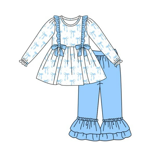 Wholesale kids baby girls blue bow boutique clothing set