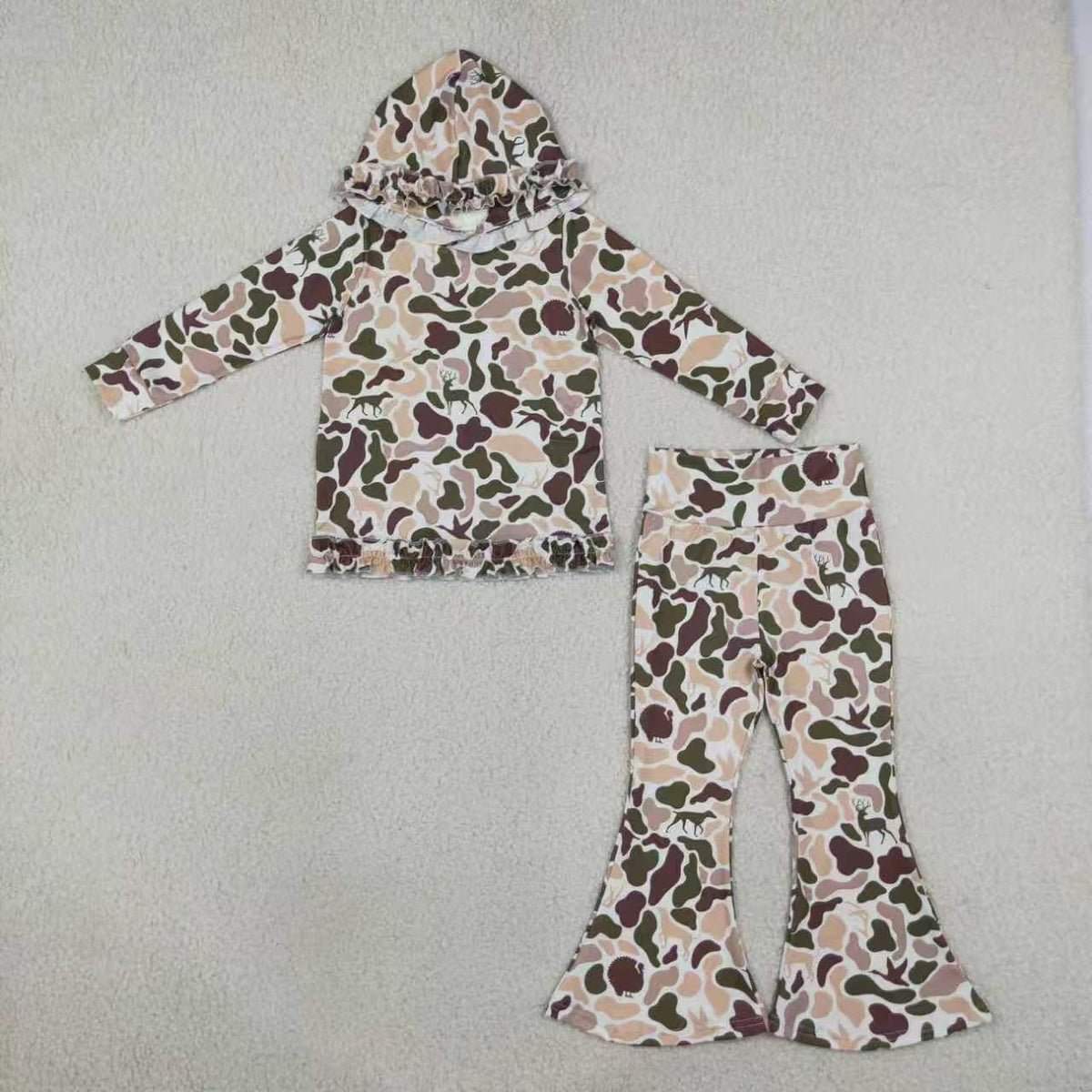 Dark green camo long sleeve top matching pants girls hoodie set