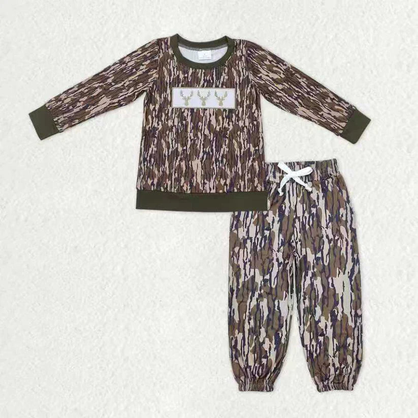 Deer print boy long sleeve top matching pants kids outfit