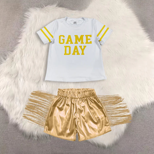 Game day short sleeve top shiny leather shorts kids baby summer outfit