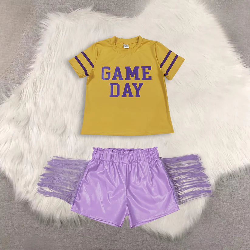 Game day short sleeve top shiny leather shorts kids baby summer outfit