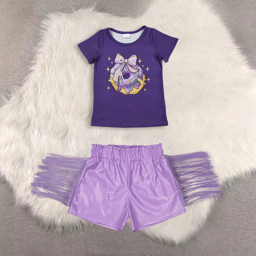 Mardi Gras short sleeve top shiny leather shorts kids baby summer outfit