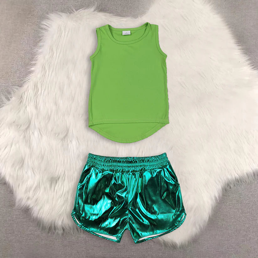 yoga sleeveless top shiny leather shorts kids baby summer outfit