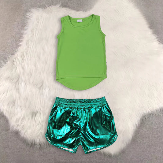 yoga sleeveless top shiny leather shorts kids baby summer outfit