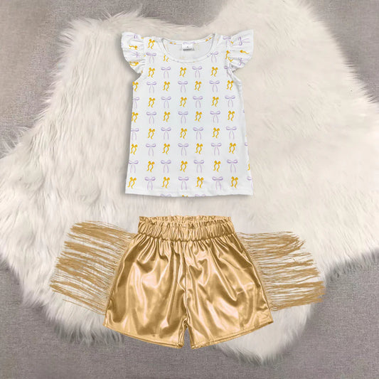 Bow print short sleeve top shiny leather shorts kids baby summer outfit