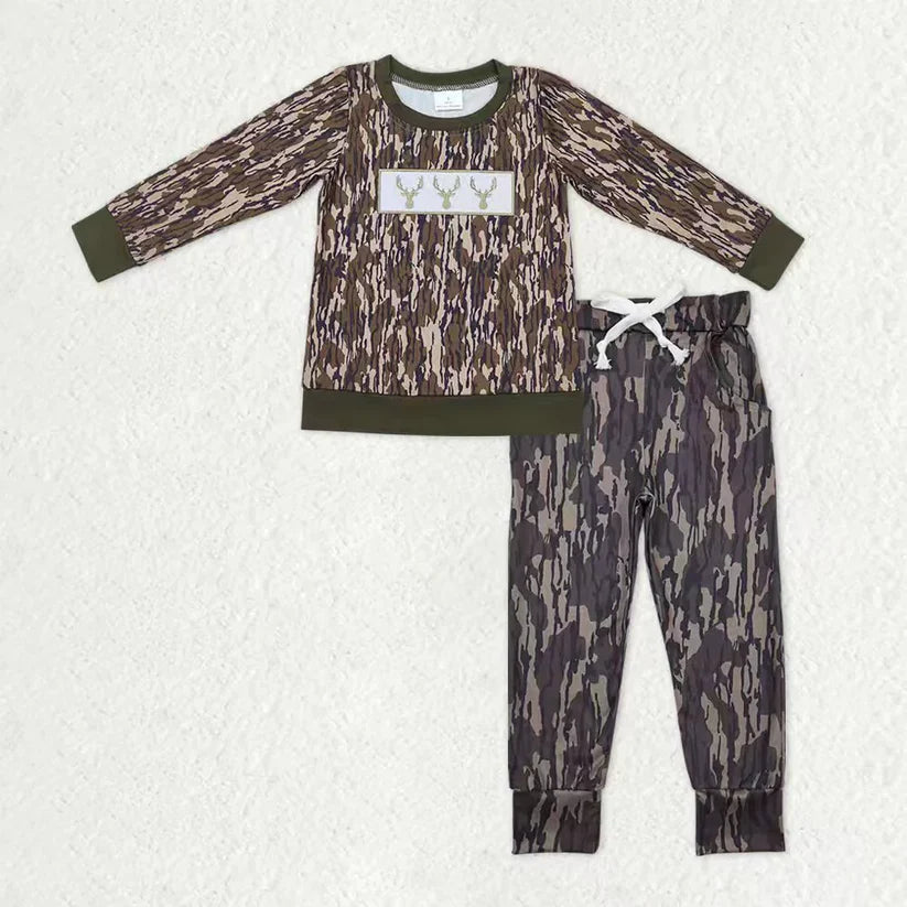 Deer print boy long sleeve top matching pants kids outfit