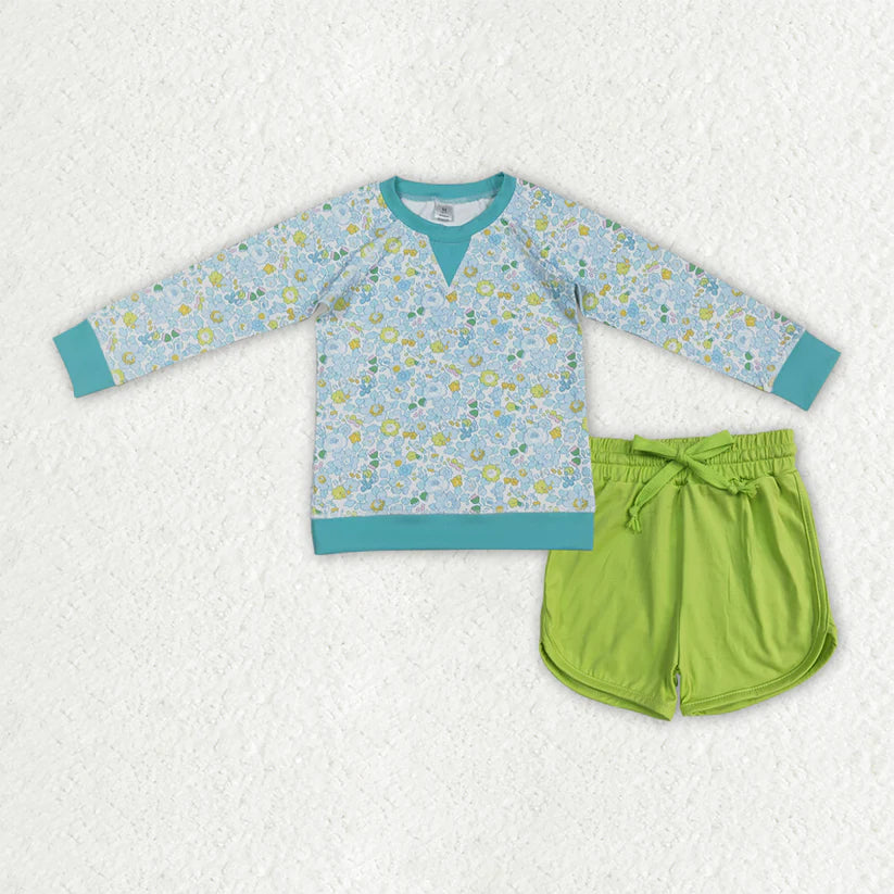 Blue flowers yoga top matching shorts kids outfit