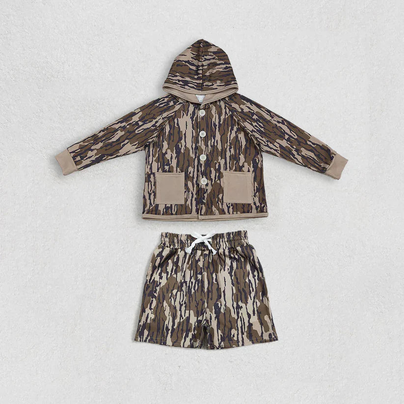 Camo long sleeve hoodie top matching shorts kids outfit