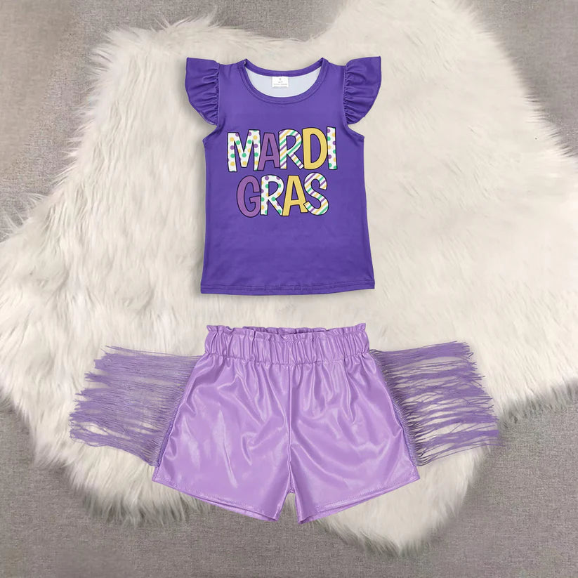 Mardi Gras design top shiny leather shorts kids baby summer outfit