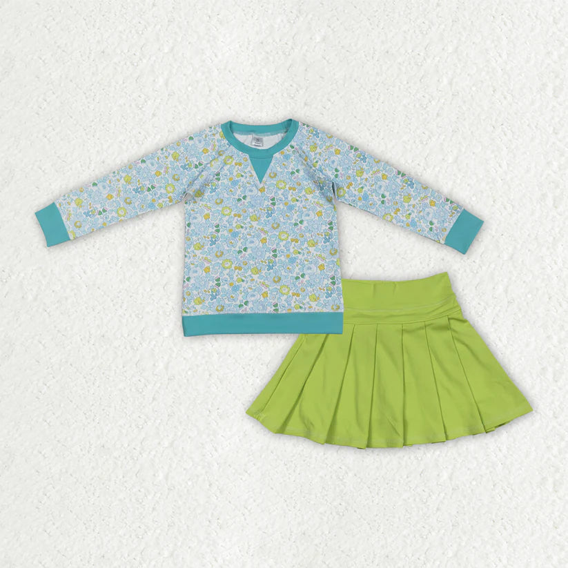 Blue flowers yoga top matching skirts kids outfit