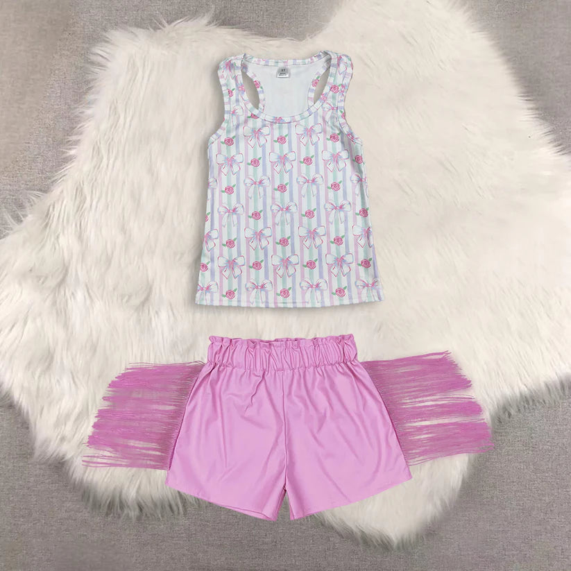 Pink bow design top shiny leather shorts kids baby summer outfit
