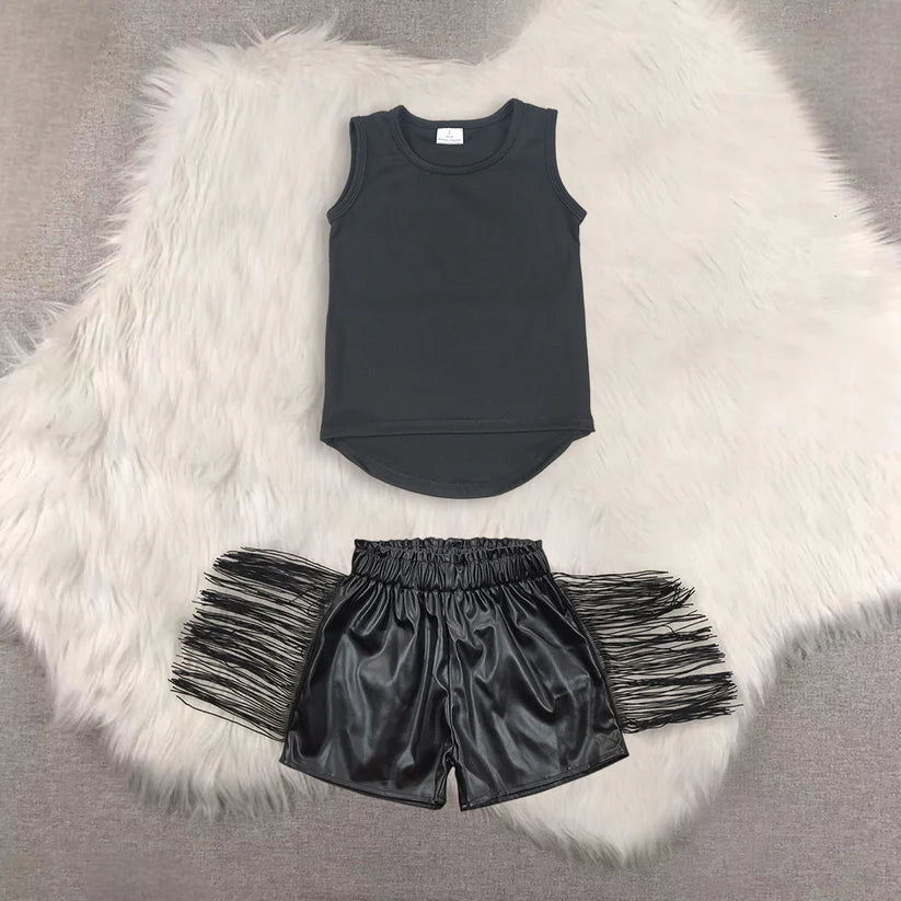 yoga sleeveless top shiny leather shorts kids baby summer outfit