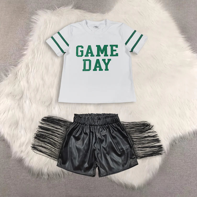 Game day short sleeve top shiny leather shorts kids baby summer outfit