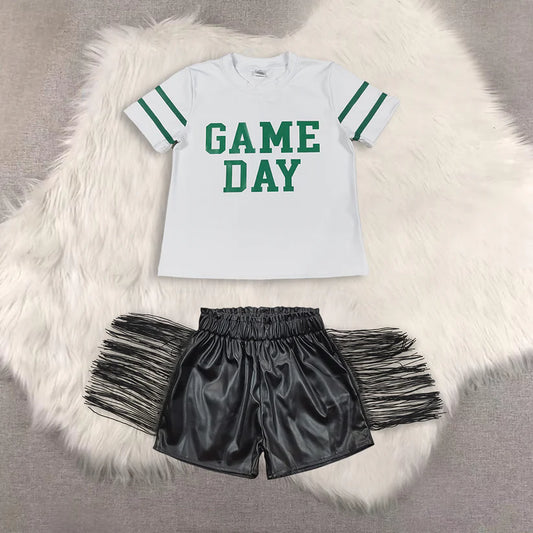Game day short sleeve top shiny leather shorts kids baby summer outfit