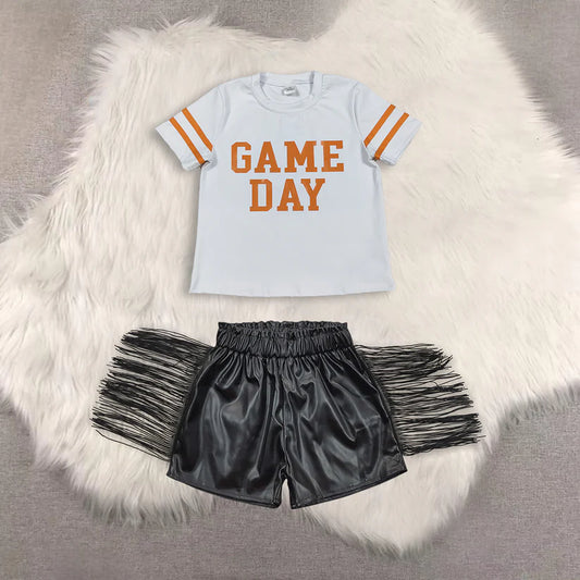 Game day short sleeve top shiny leather shorts kids baby summer outfit