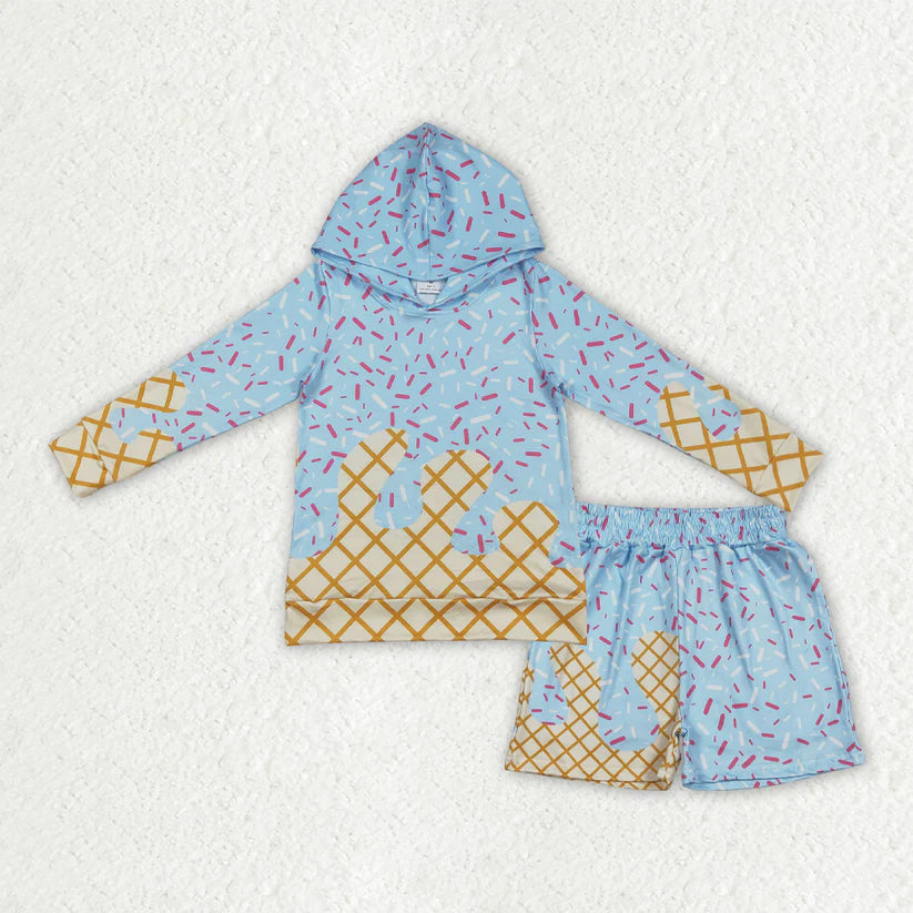 Blue sprinkle long sleeve hoodie top matching shorts kids summer outfit BT1270+SS0635   BLS0030