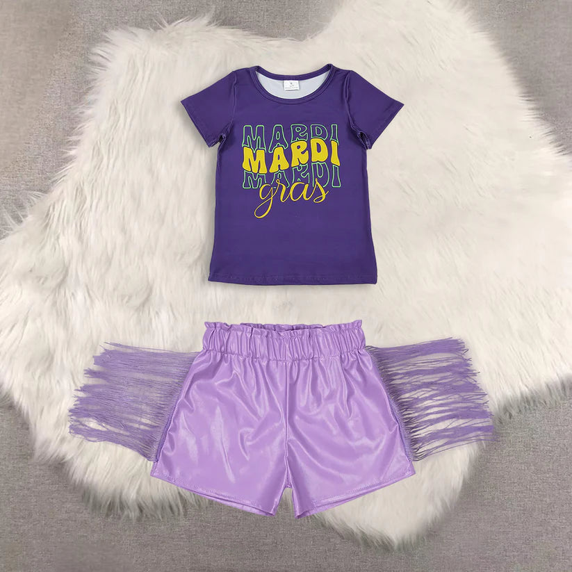Mardi Gras short sleeve top shiny leather shorts kids baby summer outfit