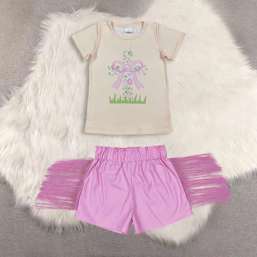 Easter cross short sleeve top shiny leather shorts kids baby summer outfit