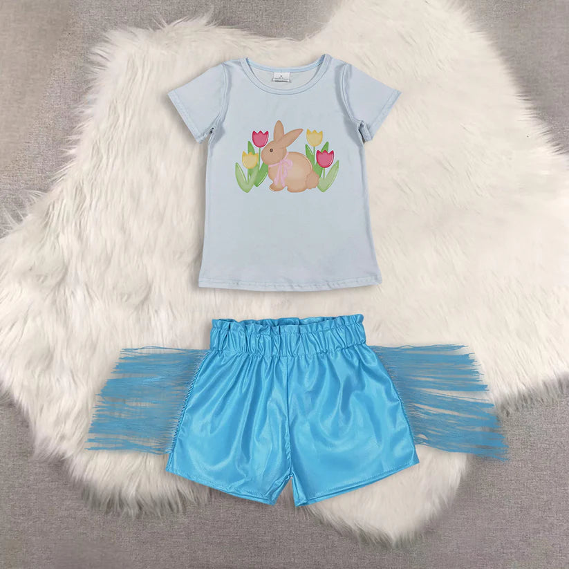 Easter short sleeve top shiny leather shorts kids baby summer outfit