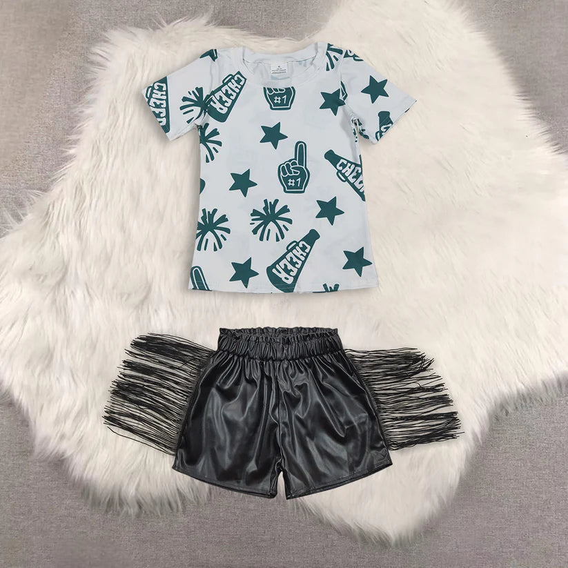 Game day design top shiny leather shorts kids baby summer outfit