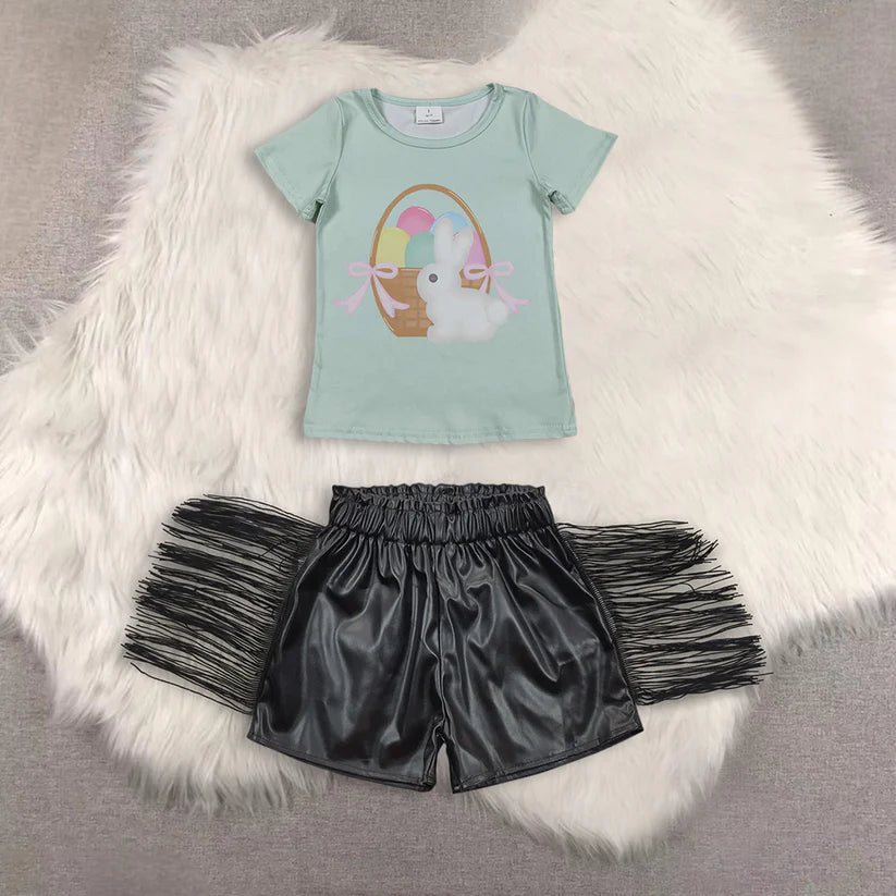 Easter cross short sleeve top shiny leather shorts kids baby summer outfit