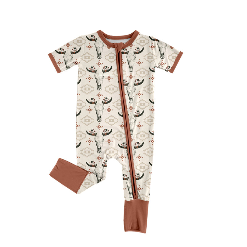 western cow short sleeve zip romper