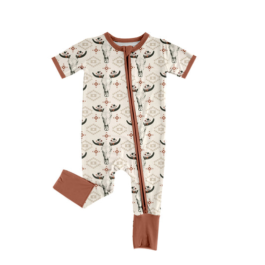 western cow short sleeve zip romper
