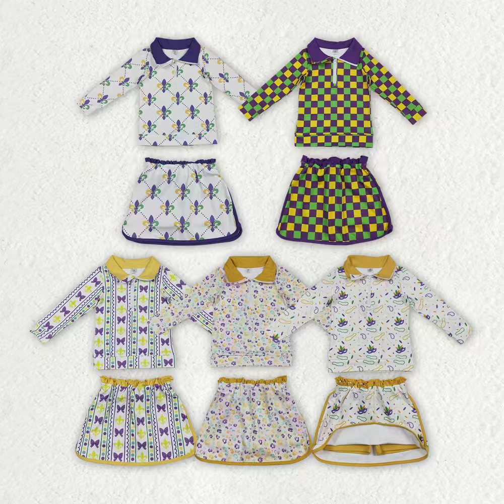 Mardi Gras leopard yoga top matching shorts girls long sleeve outfit