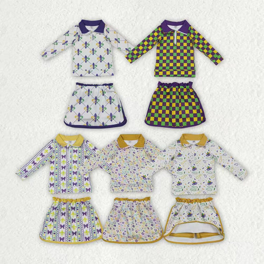 Mardi Gras leopard yoga top matching shorts girls long sleeve outfit