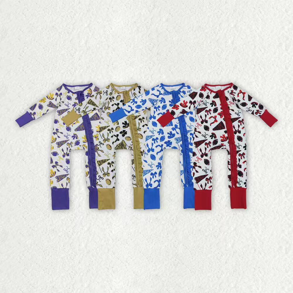 Purple bow football design girls long sleeve romper