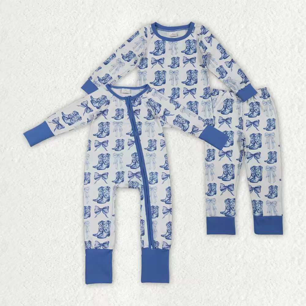 blue bow boots girls long sleeve pajama set