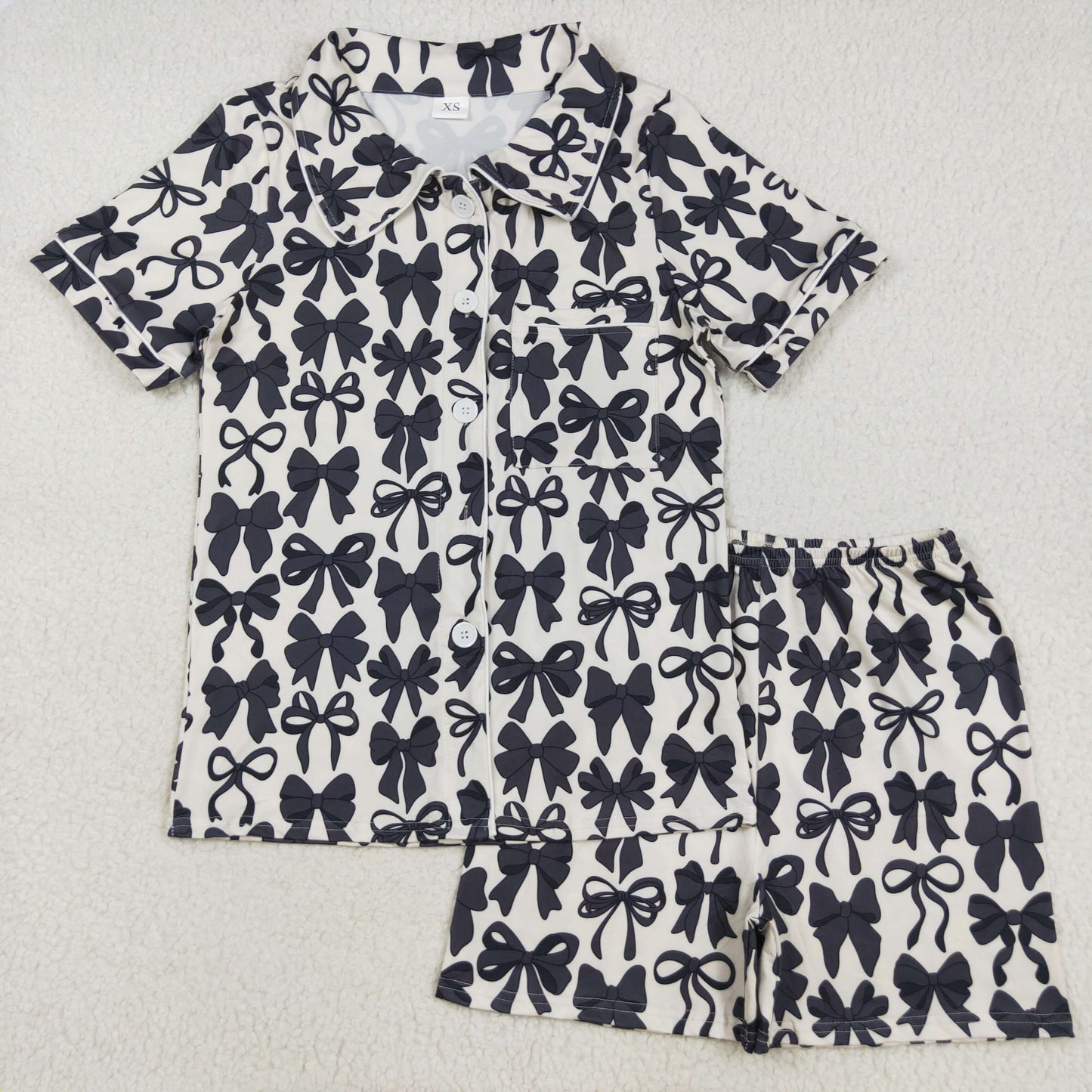 mommy and me black bow short sleeve button down pajama set