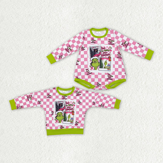 Sister brother Christmas green face pink checkered matching clothes